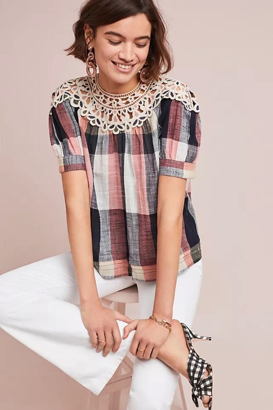 Anthropologie Multicolor Plaid Blouse Embroidered Crochet Yoke Puff Sleeve
